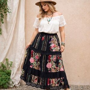 Paradise NYC Floral Boho Maxi Skirt Black Lace Hem Elastic Waist XL
